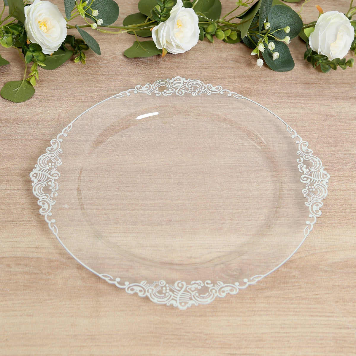 20-Pack Economy Plastic Round Charger Plates 13" in Clear with Silver Embossed Baroque Rim, Stylish Dinner Party Serving Plates