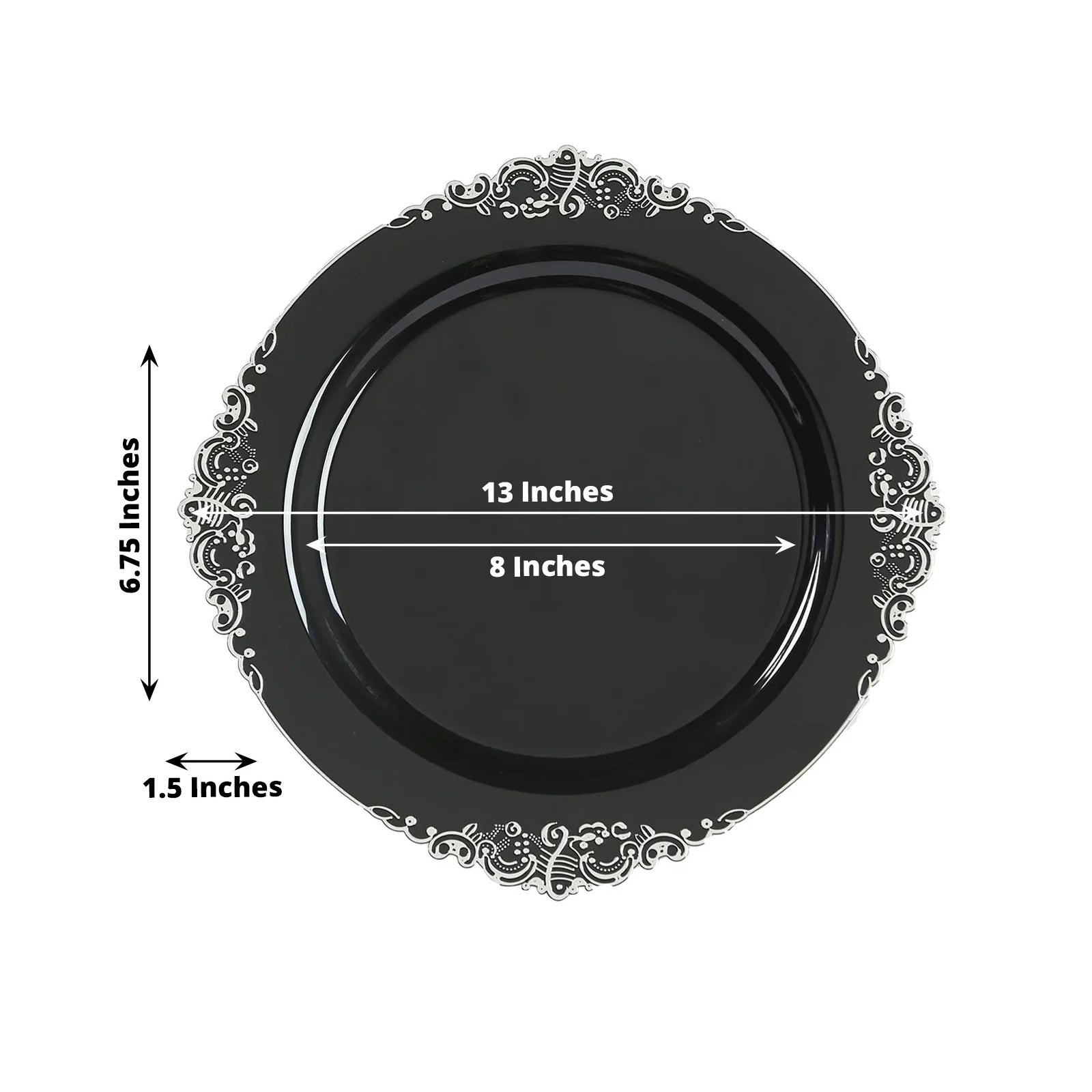 20-Pack Economy Plastic Round Charger Plates 13" in Black with Silver Embossed Baroque Rim, Stylish Dinner Party Serving Plates