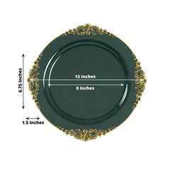 20-Pack Economy Plastic Round Charger Plates 13" in Hunter Emerald Green with Gold Embossed Baroque Rim, Stylish Dinner Party Serving Plates