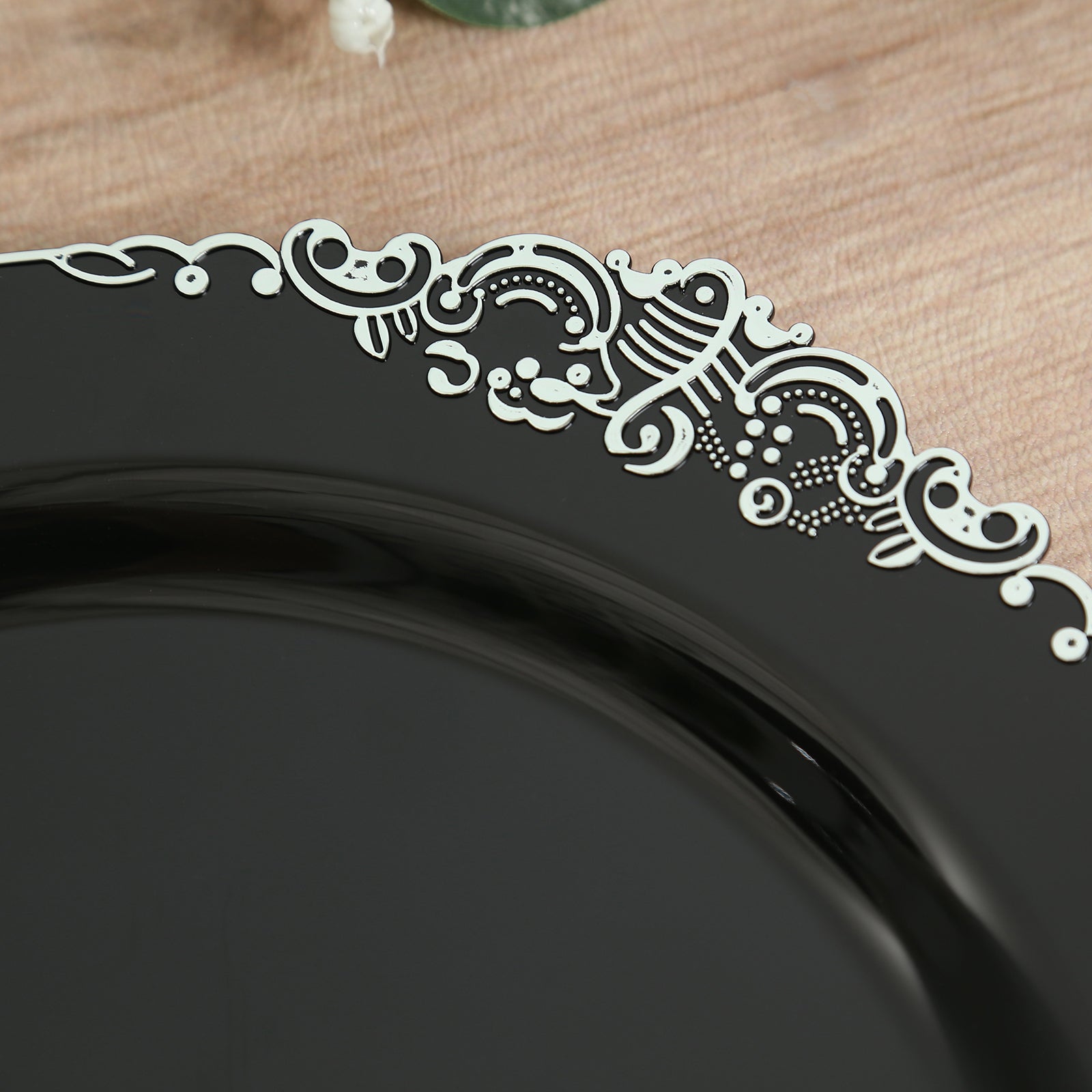 20-Pack Economy Plastic Round Charger Plates 13" in Black with Silver Embossed Baroque Rim, Stylish Dinner Party Serving Plates