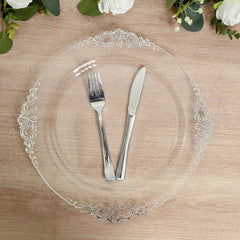 20-Pack Economy Plastic Round Charger Plates 13" in Clear with Silver Embossed Baroque Rim, Stylish Dinner Party Serving Plates