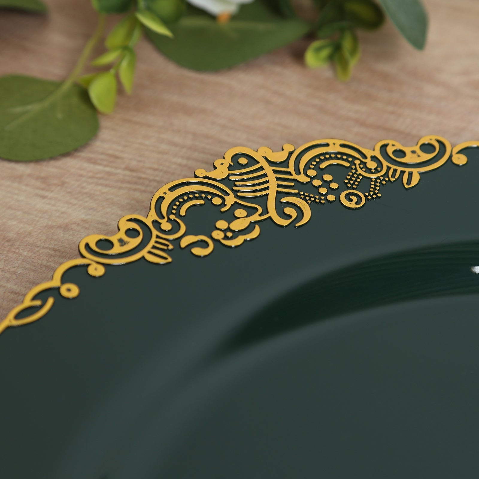 20-Pack Economy Plastic Round Charger Plates 13" in Hunter Emerald Green with Gold Embossed Baroque Rim, Stylish Dinner Party Serving Plates
