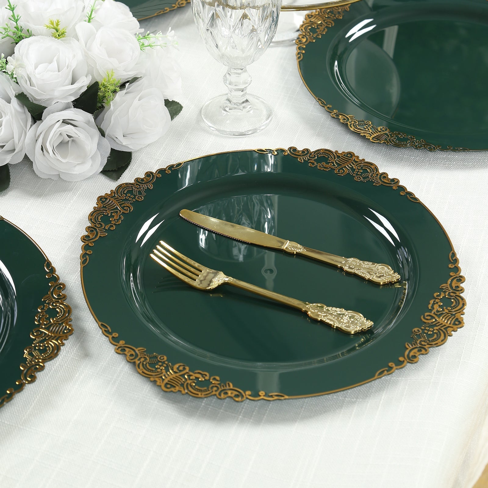 20-Pack Economy Plastic Round Charger Plates 13" in Hunter Emerald Green with Gold Embossed Baroque Rim, Stylish Dinner Party Serving Plates